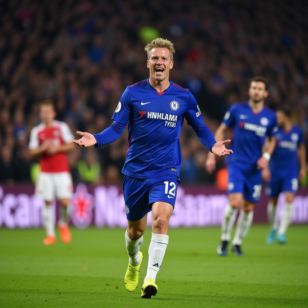 Erling Haaland celebrates a goal against a blurred backdrop of a Chelsea defender.