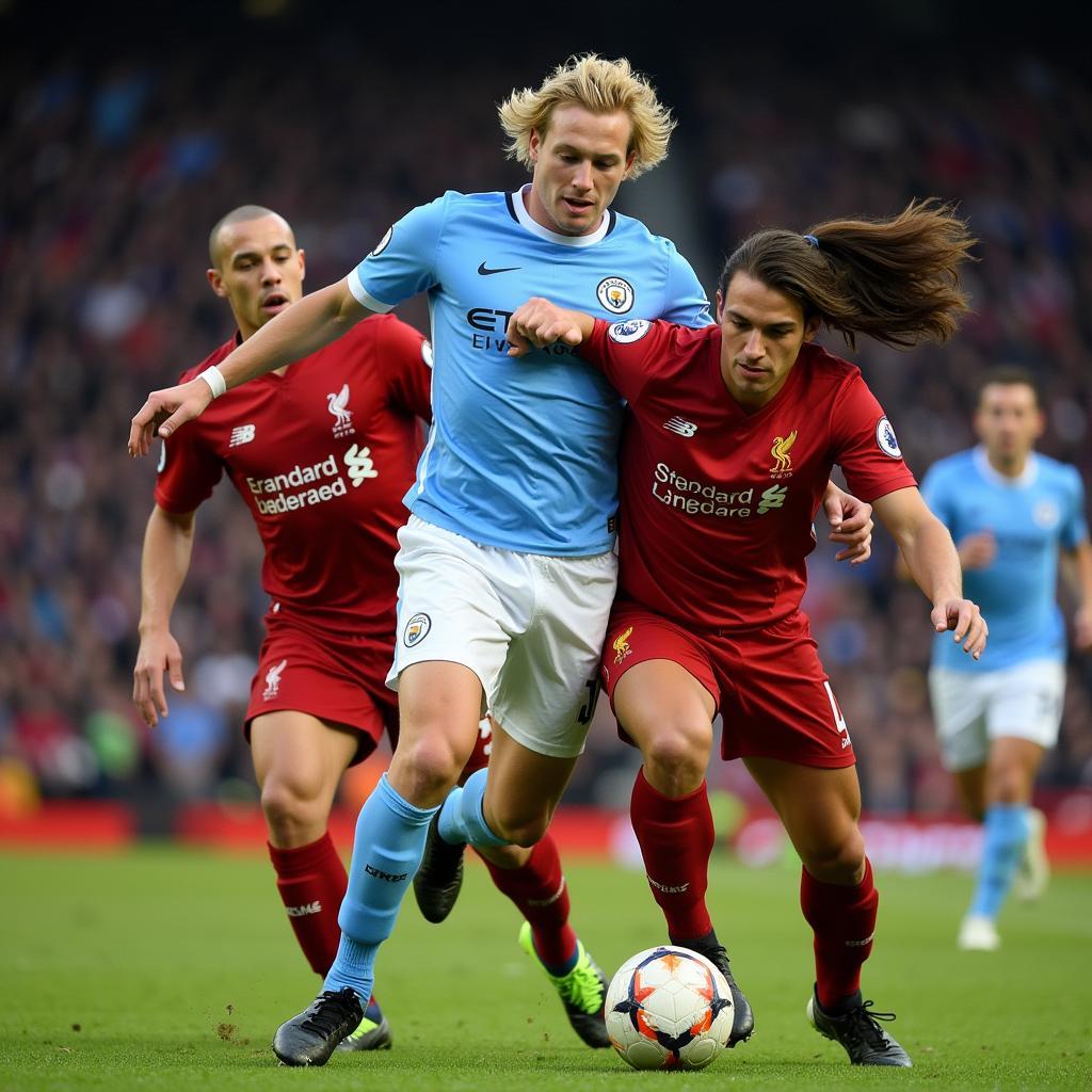 Erling Haaland tackled by a Liverpool defender