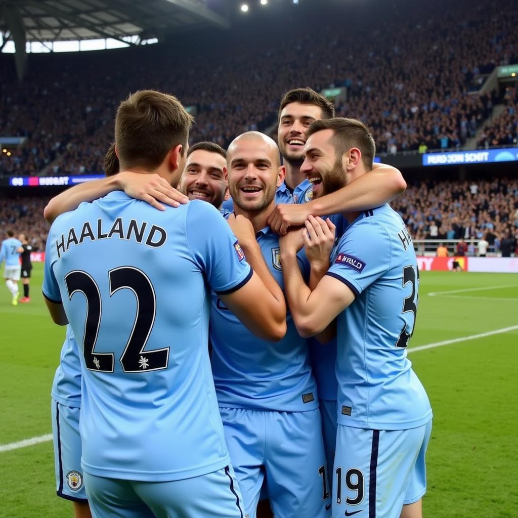 Erling Haaland celebrates with his Man City teammates after scoring a hat trick against Wolves