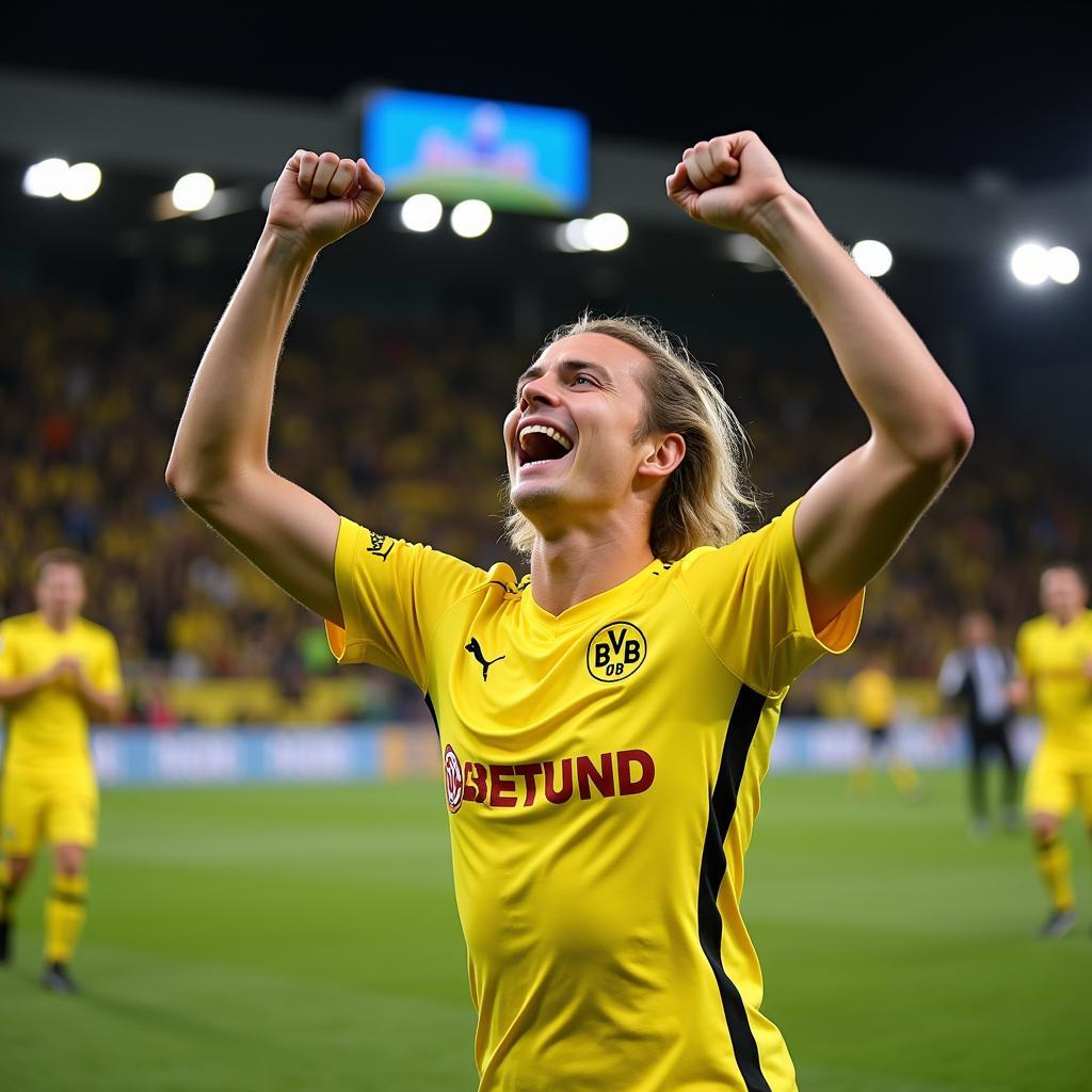 Erling Haaland scoring a goal for Borussia Dortmund in the 2020-2021 season