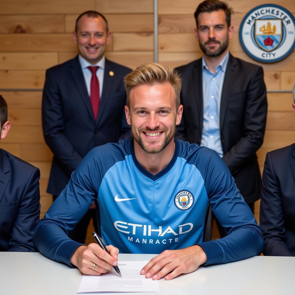 Erling Haaland signing his contract with Manchester City