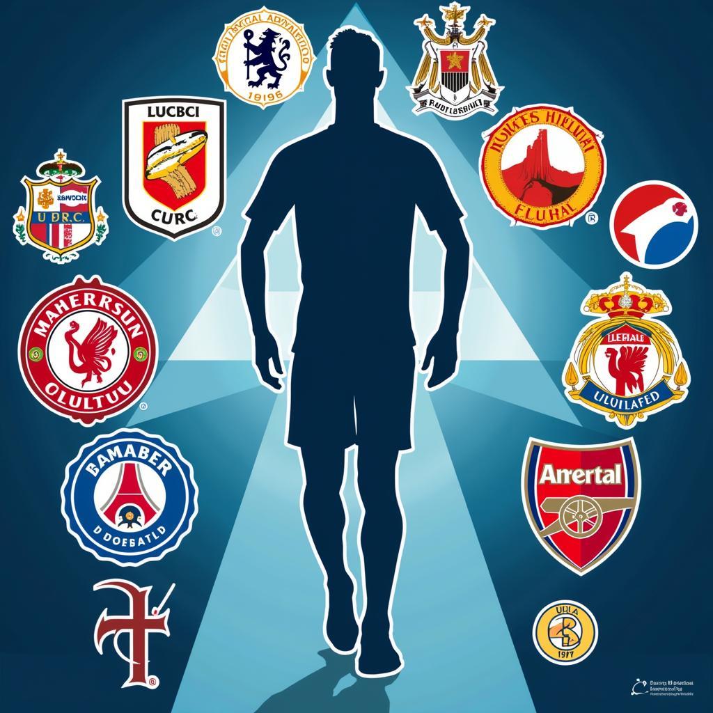 A graphic illustrating the high demand for Haaland from top European clubs, with their logos surrounding a silhouette of the player.