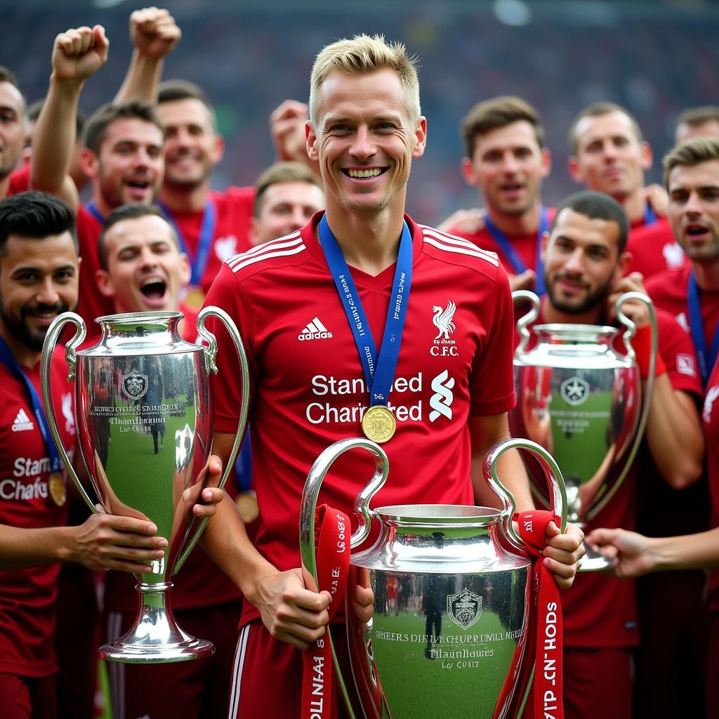 Erling Haaland celebrates with the Premier League, FA Cup, and Champions League trophies