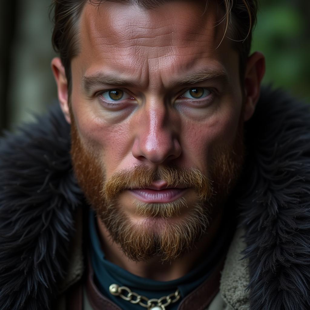 Close-up portrait of Erling Haaland in Viking attire, his eyes fixed intensely on the camera.