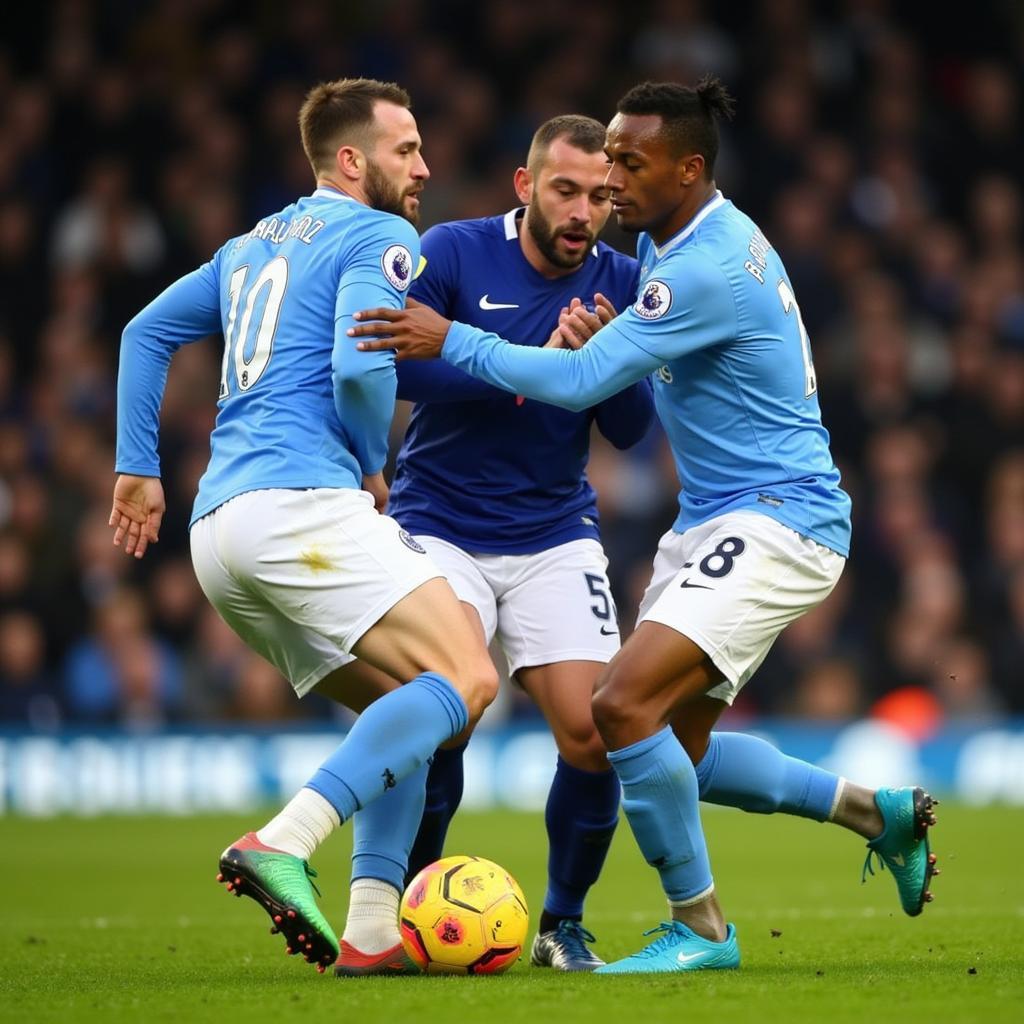 Haaland battling Everton defenders for possession