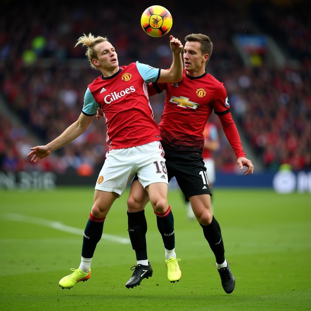 Haaland contesting an aerial duel against a Manchester United defender