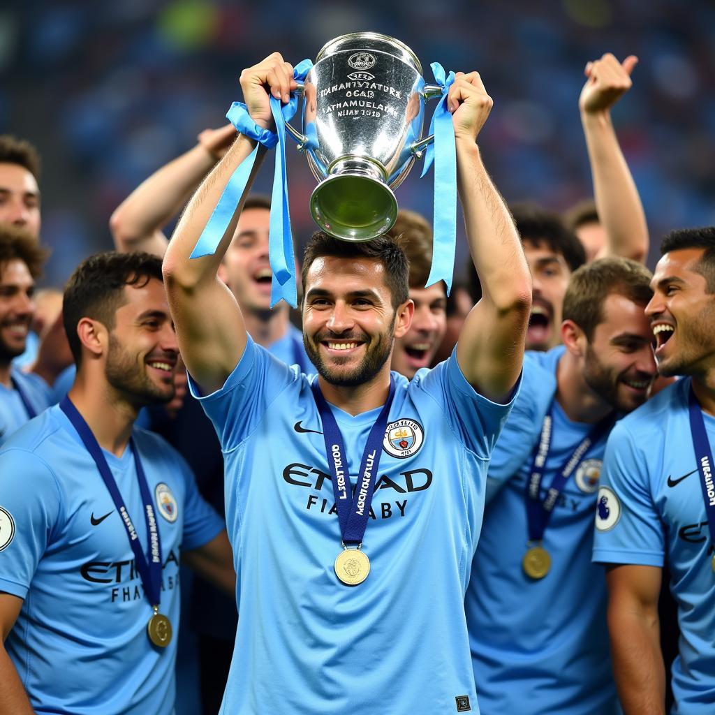 Haaland Holding the Champions League Trophy