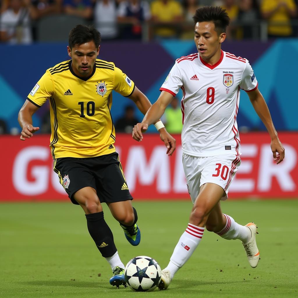 Osvaldo Haay dribbling the ball past a defender during a SEA Games 30 match.