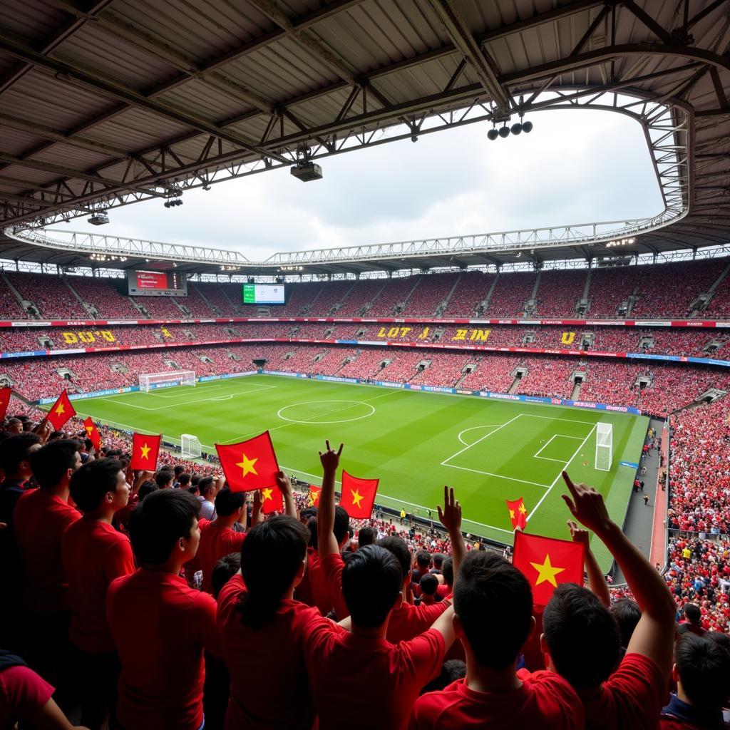 Hanoi football stadium filled with cheering fans during a crucial match.