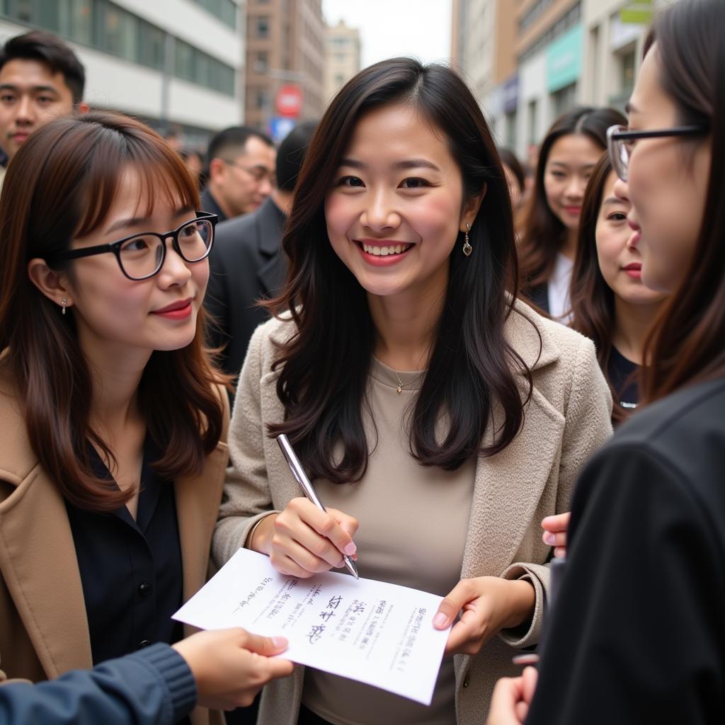 Heo Jang Mi interacting with fans, signing autographs and taking photos.