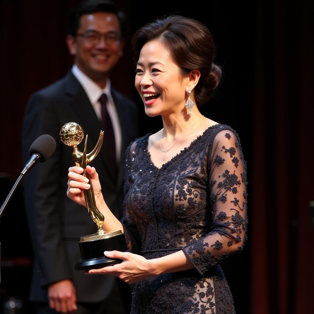 Heo Jang Mi accepting an award on stage, dressed elegantly and smiling graciously.