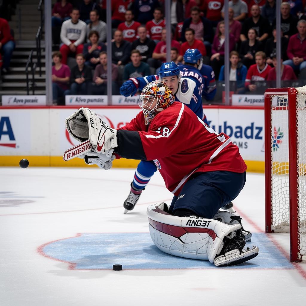 Hockey goalie making a spectacular save