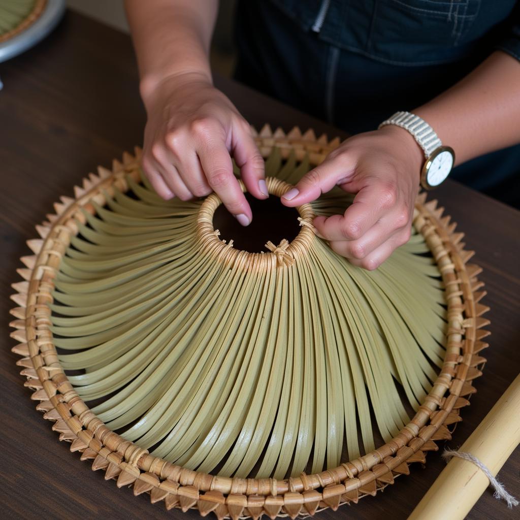 Artisan crafting a conical hat in Hue