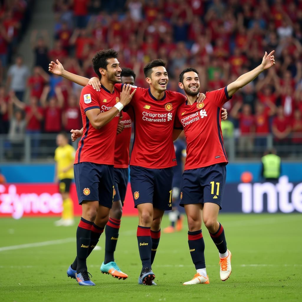 Huynh Cong Den celebrating a goal with his teammates.