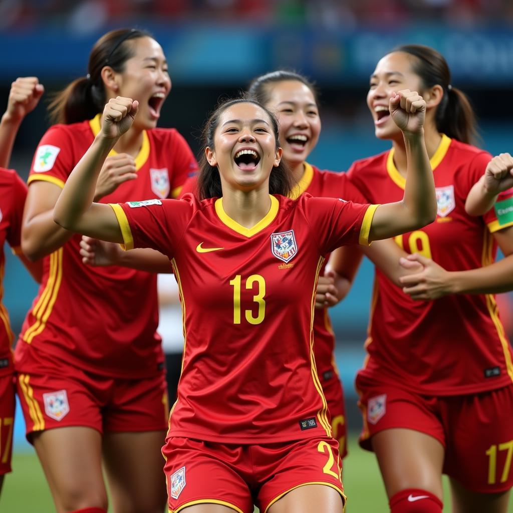 Huynh Nhu celebrates scoring a crucial goal for the Vietnam women's national football team, surrounded by her teammates.