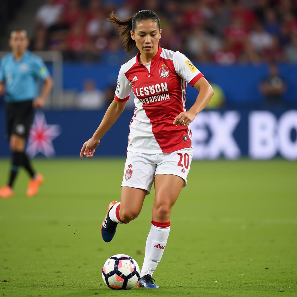 Huynh Nhu skillfully dribbling the ball past a defender while playing for Lank FC Vilaverdense in a professional match.