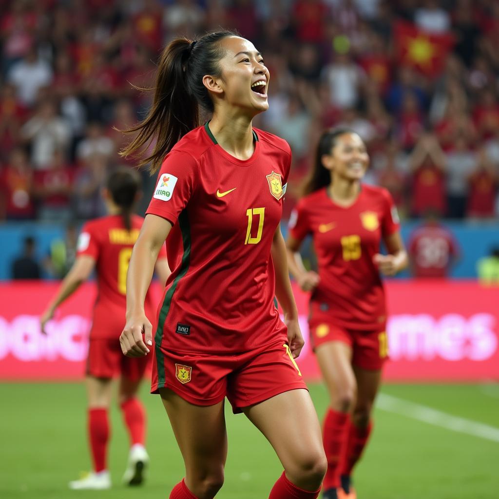 Huynh Nhu, captain of Vietnam women's football team, celebrates a goal at SEA Games 30