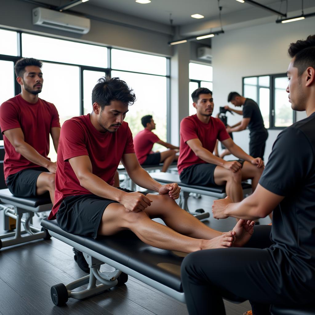 Indonesian football team receiving physiotherapy treatment