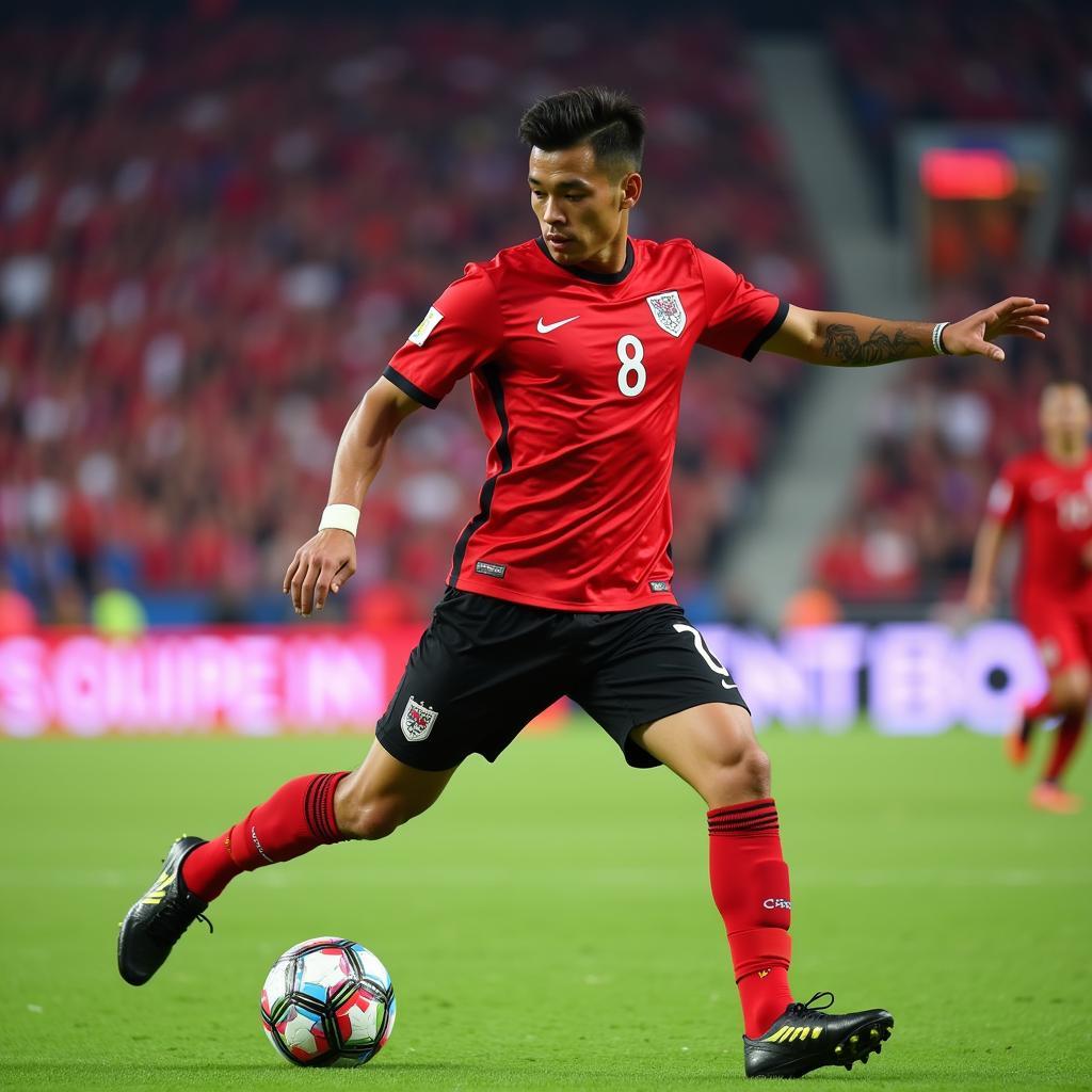 Indonesian footballer wearing the number 8 jersey controls the ball in midfield during a match, demonstrating skill and control.