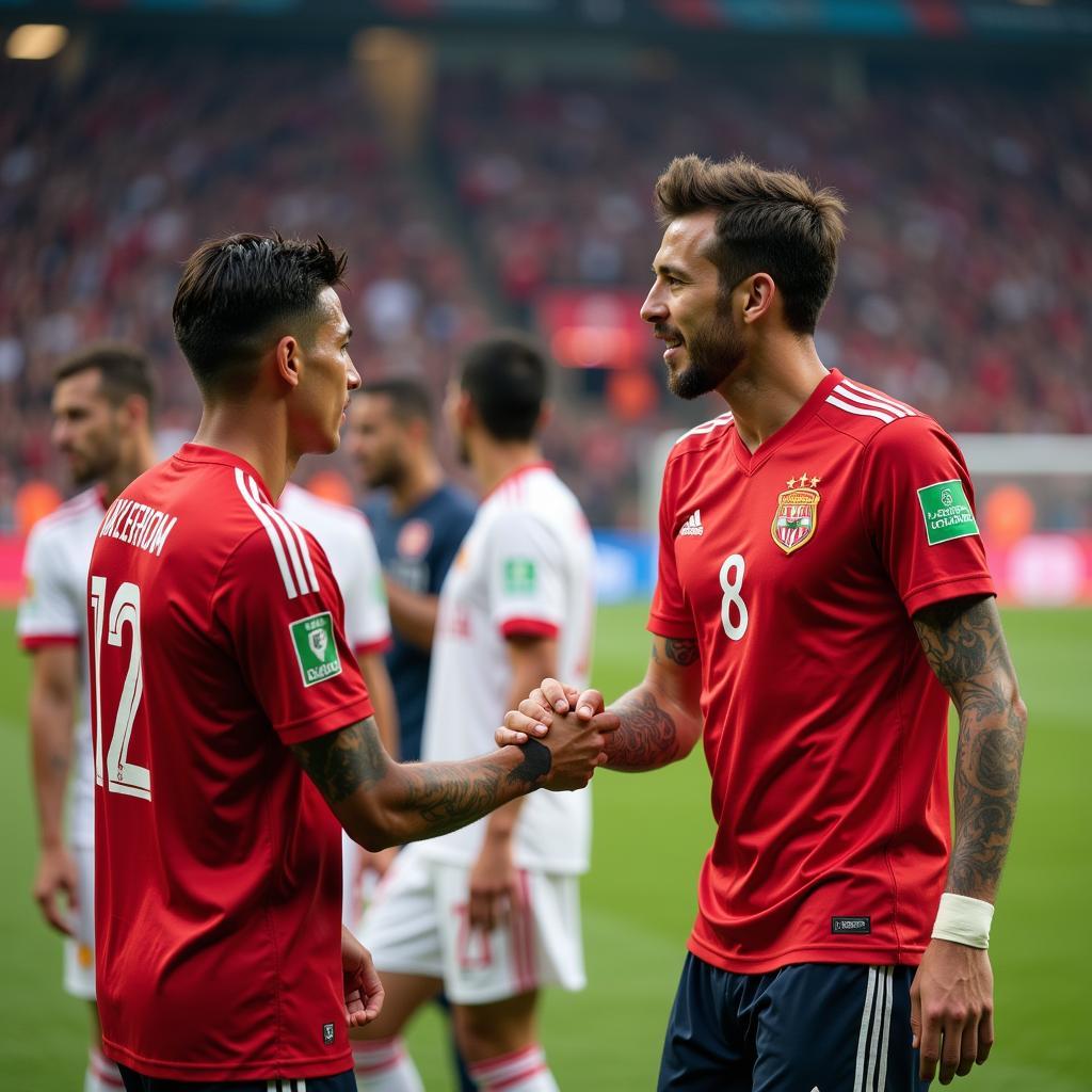 International football players shaking hands after a match