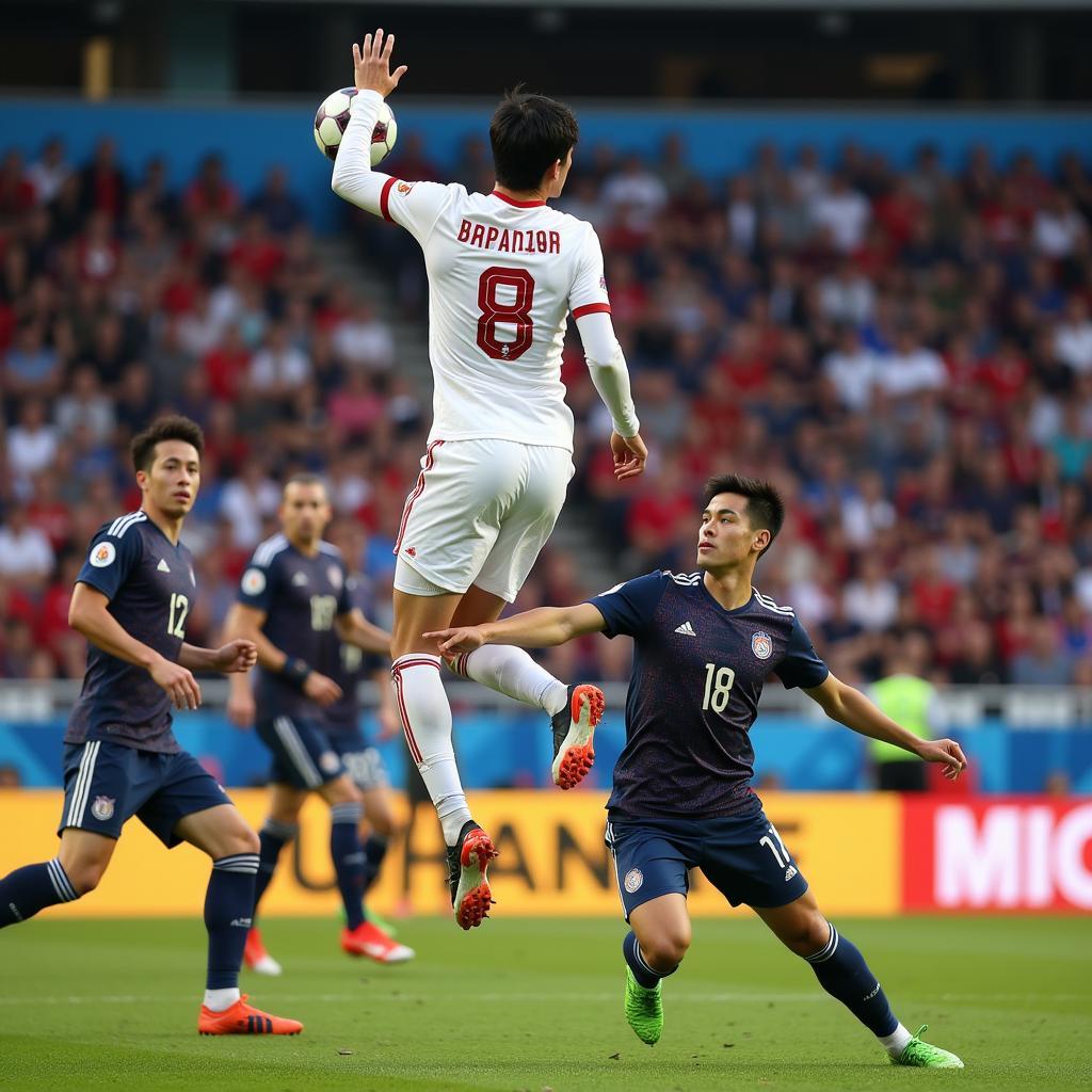 Japanese player scoring a powerful header in a crowded penalty box