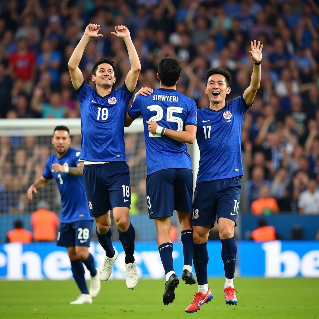 Japanese strikers celebrating a goal after scoring against a European team