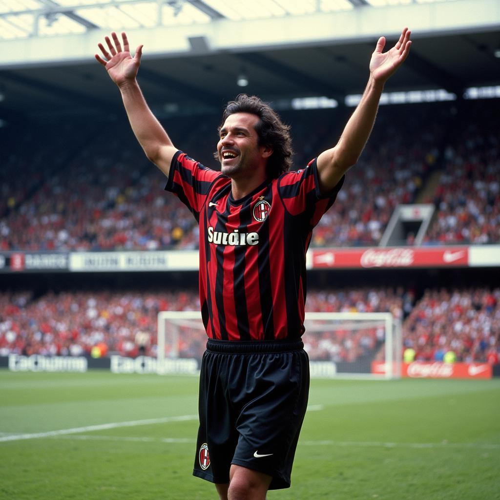 Kaká in his prime at AC Milan, celebrating a goal with teammates. The image captures his joy and the electric atmosphere of the San Siro.