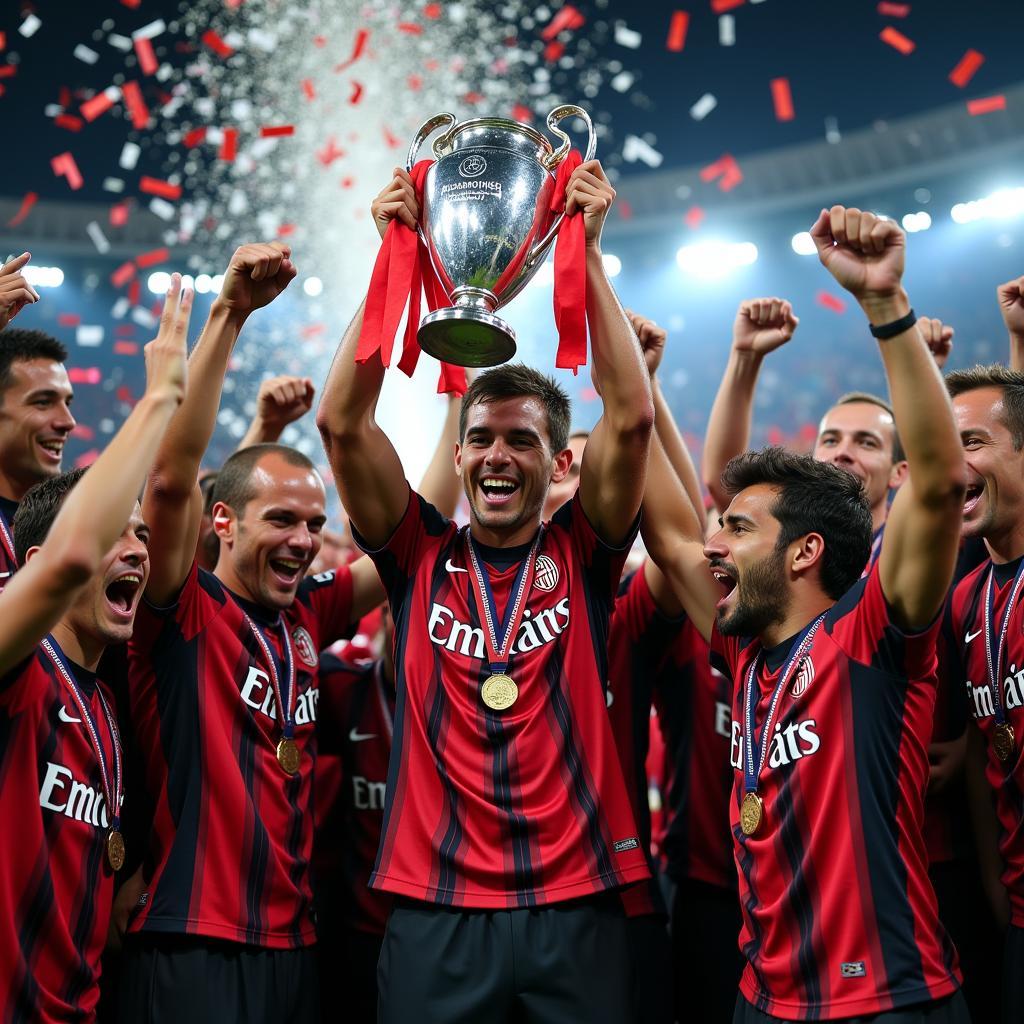 Kaká celebrates winning the Champions League with AC Milan, holding the trophy aloft with a look of pure joy and accomplishment.