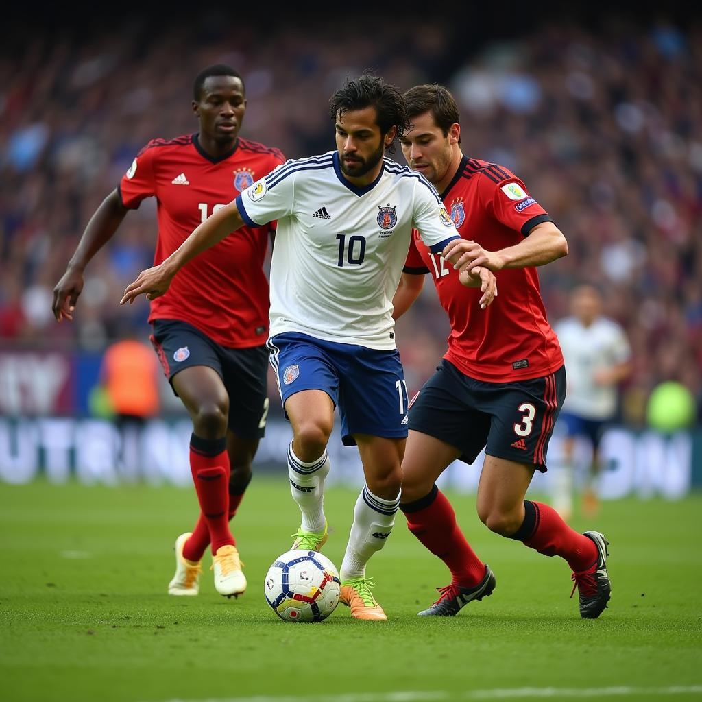 Kaká effortlessly dribbles past two defenders, showcasing his exceptional ball control and agility.