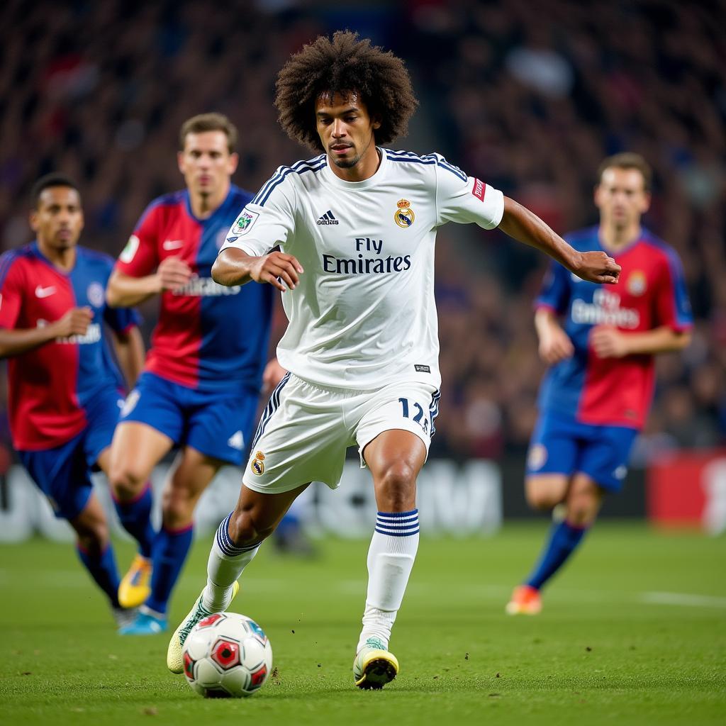 Kaká during a match for Real Madrid, demonstrating his composure and skill on the ball.