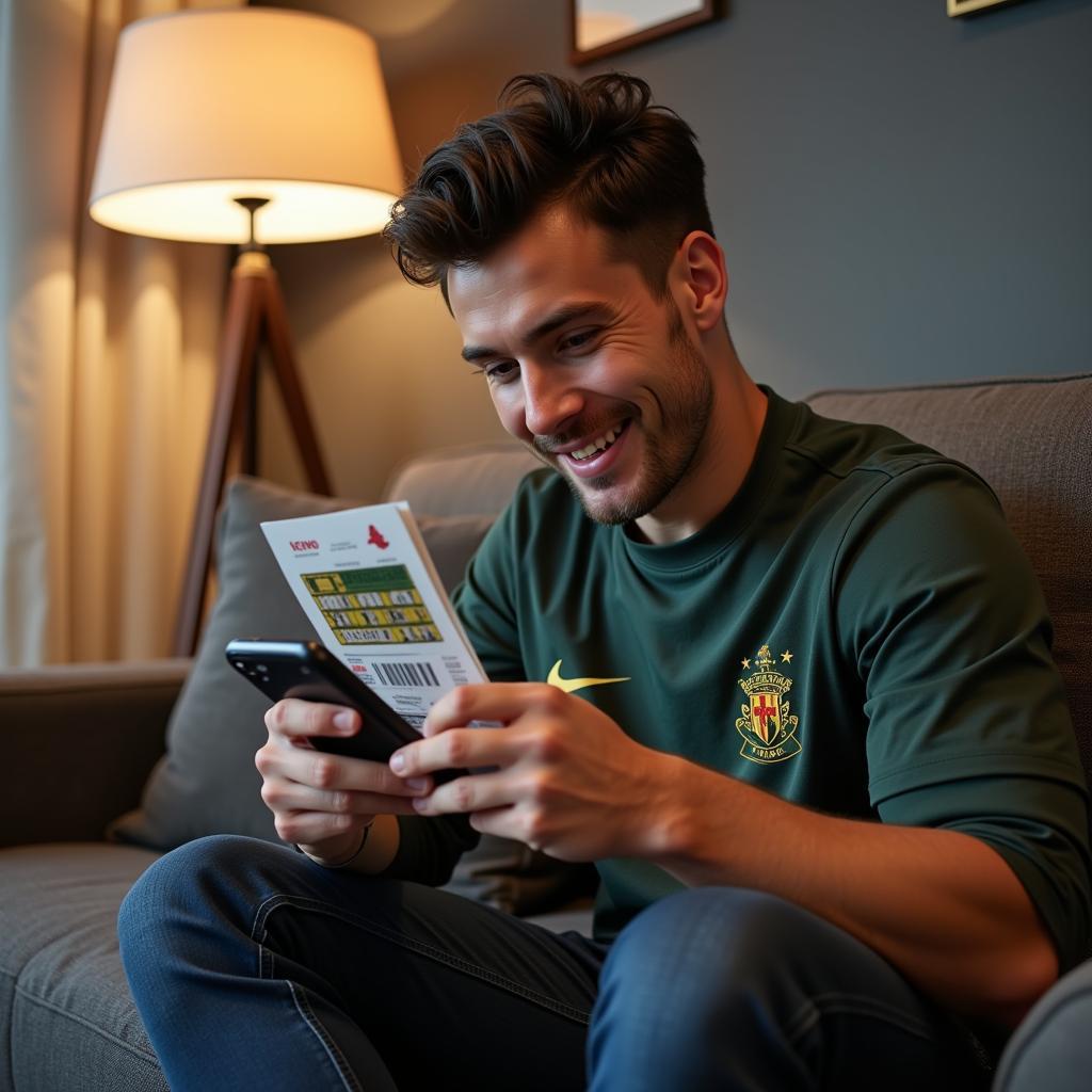 Football player relaxing with a keno ticket