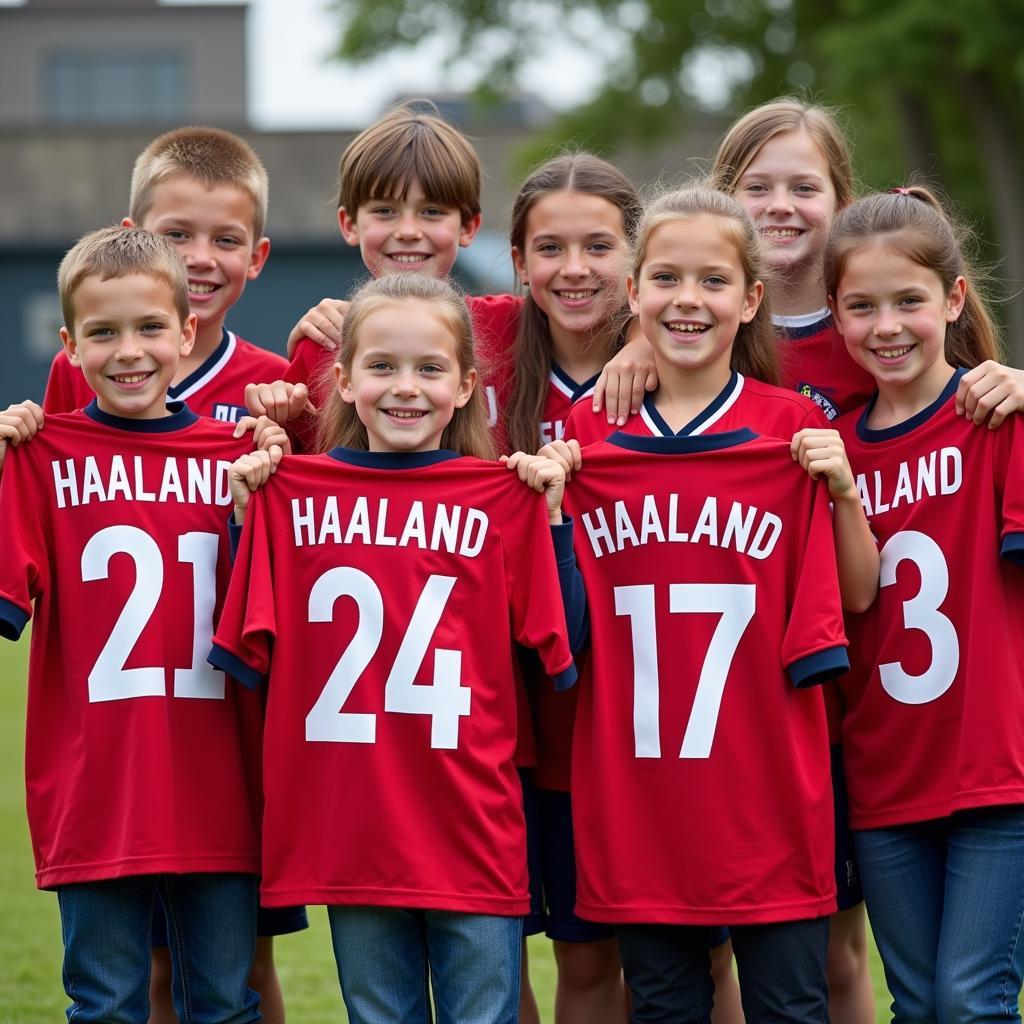 Group of children wearing Erling Haaland jerseys, smiling and cheering.