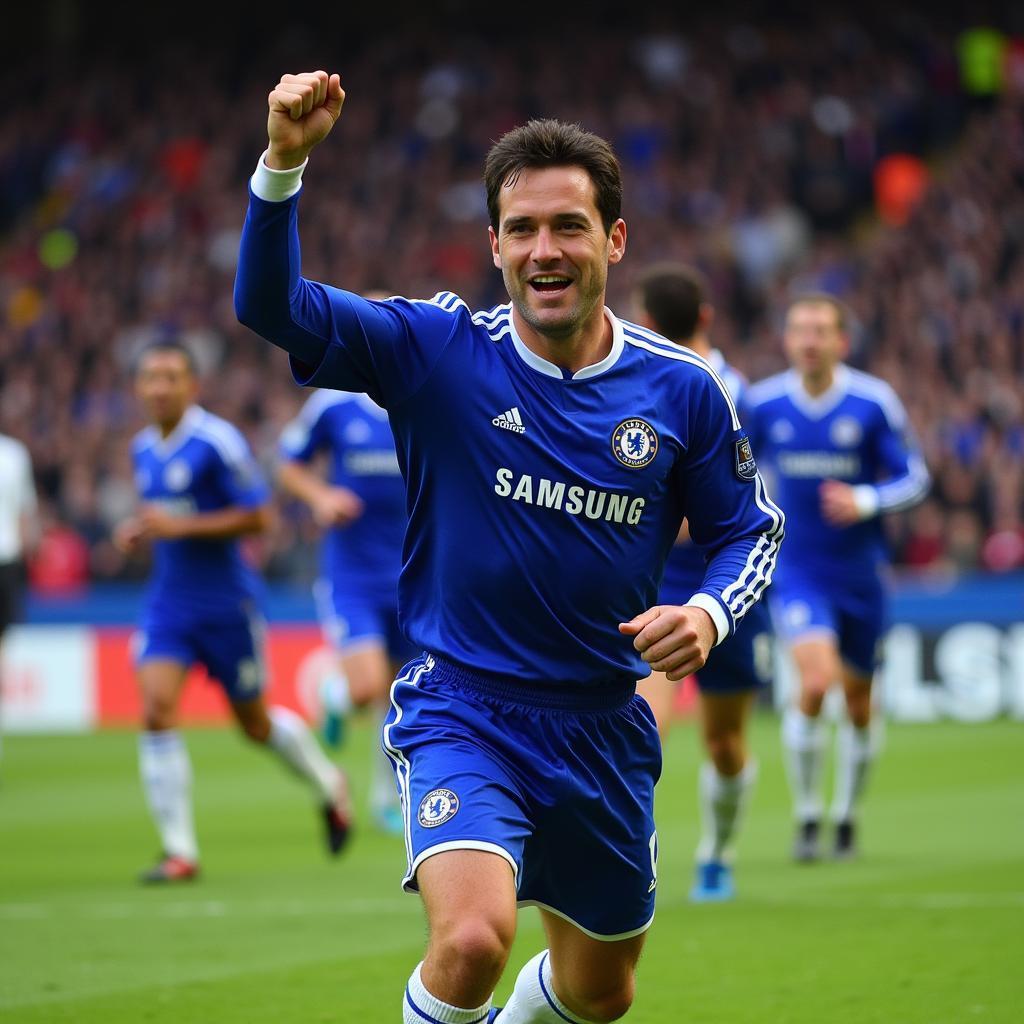 Frank Lampard celebrating a goal for Chelsea after scoring a crucial goal.