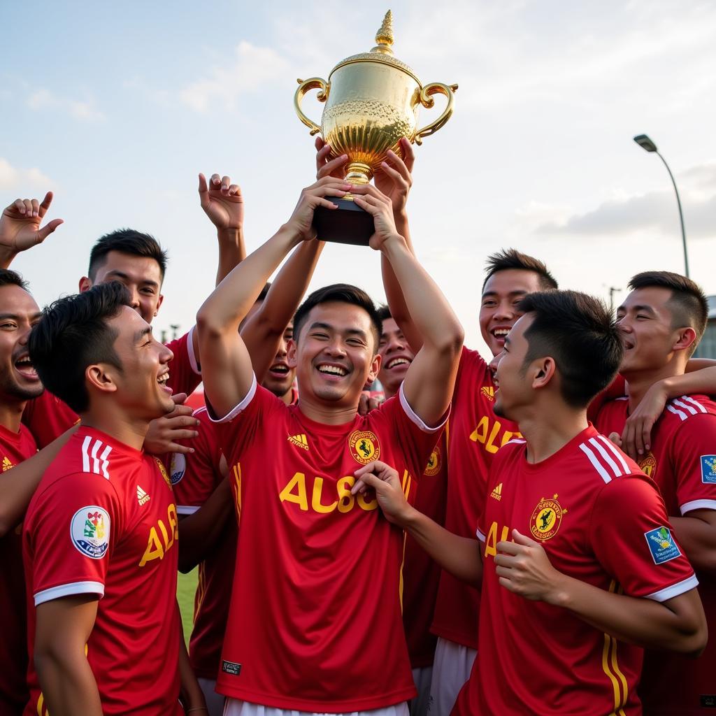 Le Cong Vinh lifting a trophy with his teammates