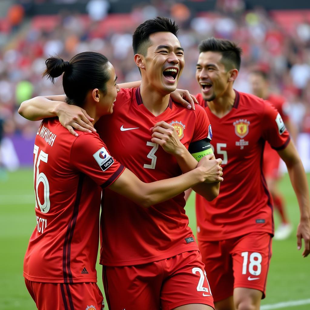 Le Sy Minh celebrating a goal with teammates