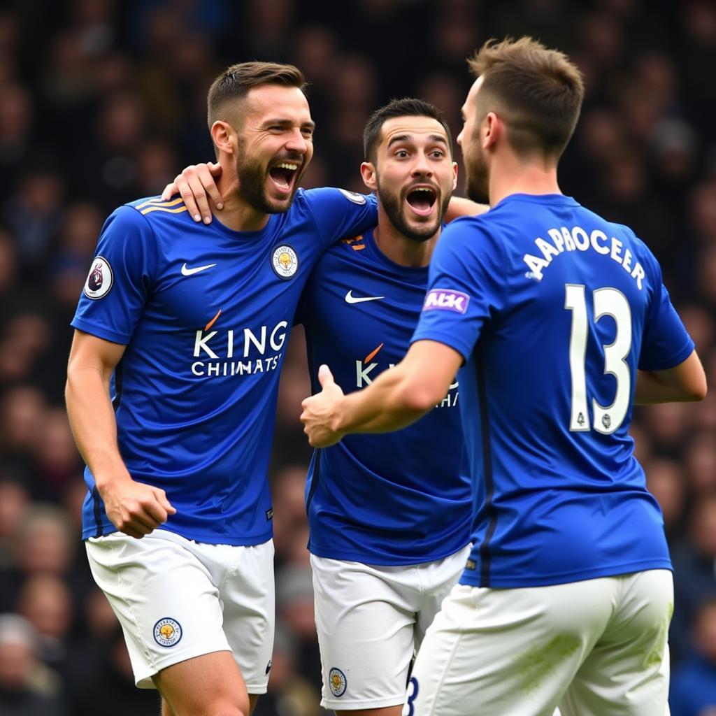 Leicester City players celebrating a Premier League goal