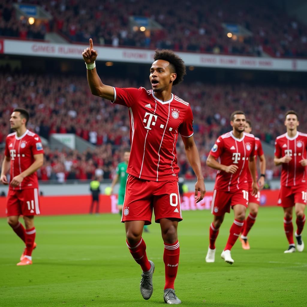 Leroy Sane celebrating a goal for Bayern Munich