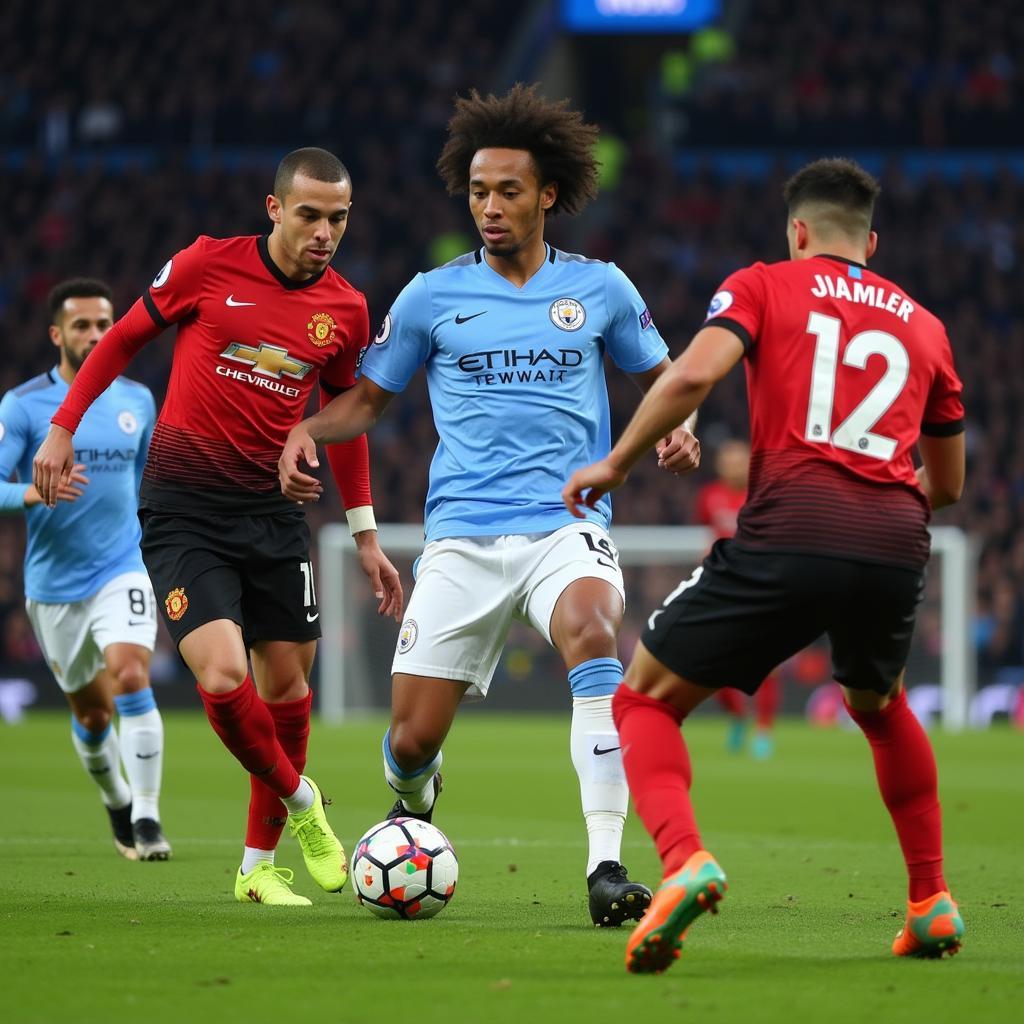 Leroy Sane dribbling past defenders in a Manchester City jersey