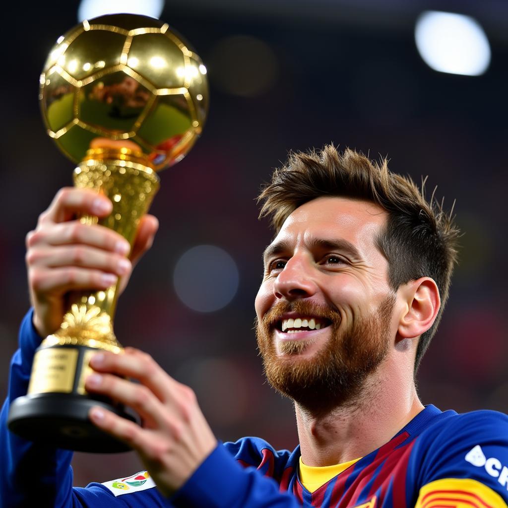 Lionel Messi lifting the Ballon d'Or trophy