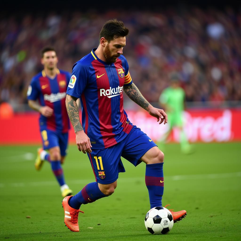 Lionel Messi, nicknamed "The Flea," dribbling past defenders.