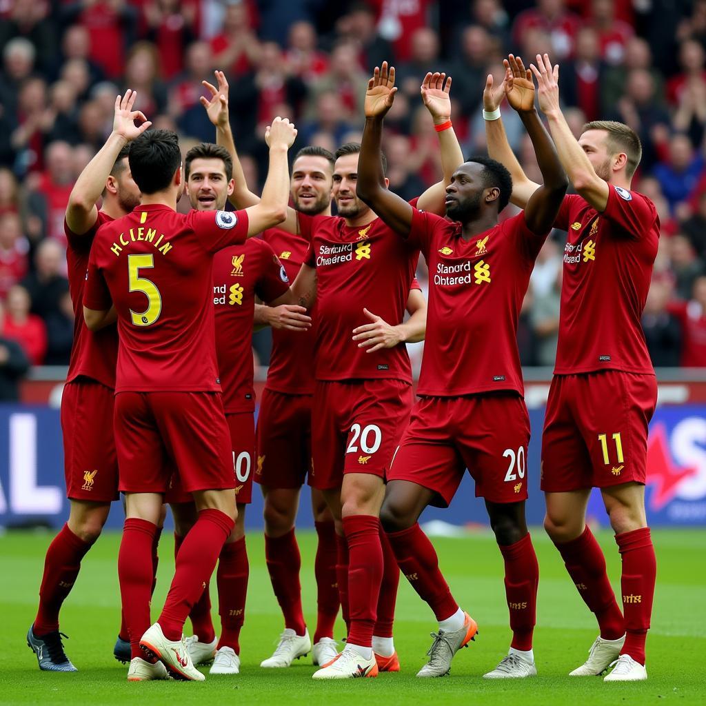 Liverpool players celebrating a goal