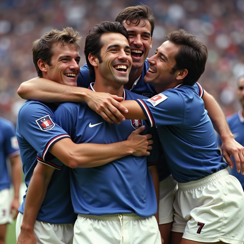 Lucien Laurent celebrating after scoring the first World Cup goal