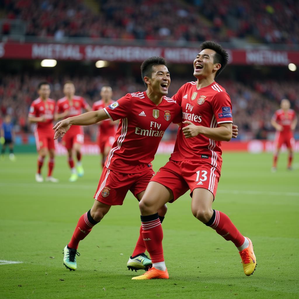 Mai Xuan Hop celebrates scoring a goal with his teammates.