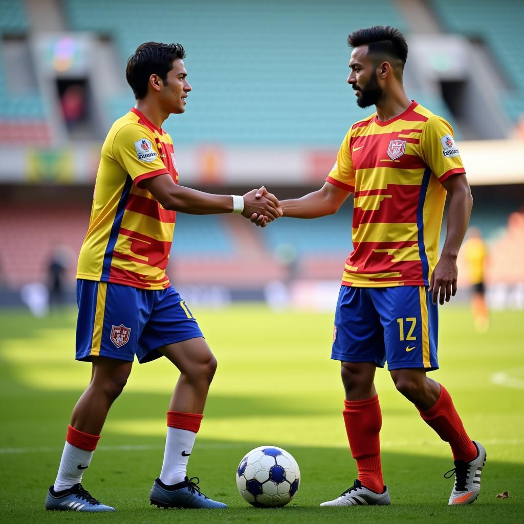 Malaysian football players shaking hands, demonstrating sportsmanship.