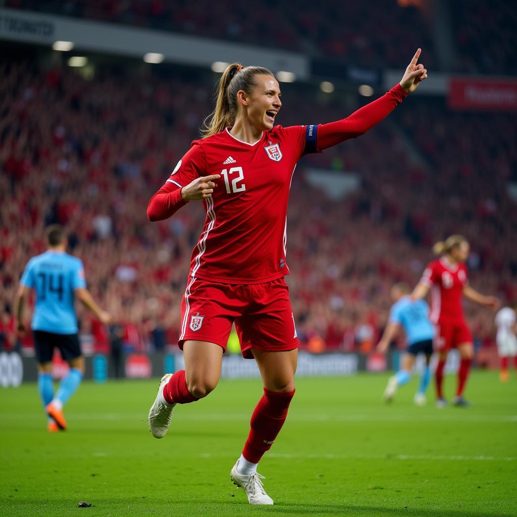 Erling Haaland celebrating a goal in a Norway national team jersey.