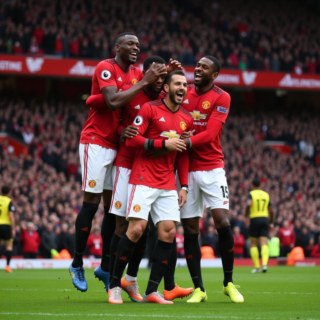 Manchester United players celebrate a goal at Old Trafford