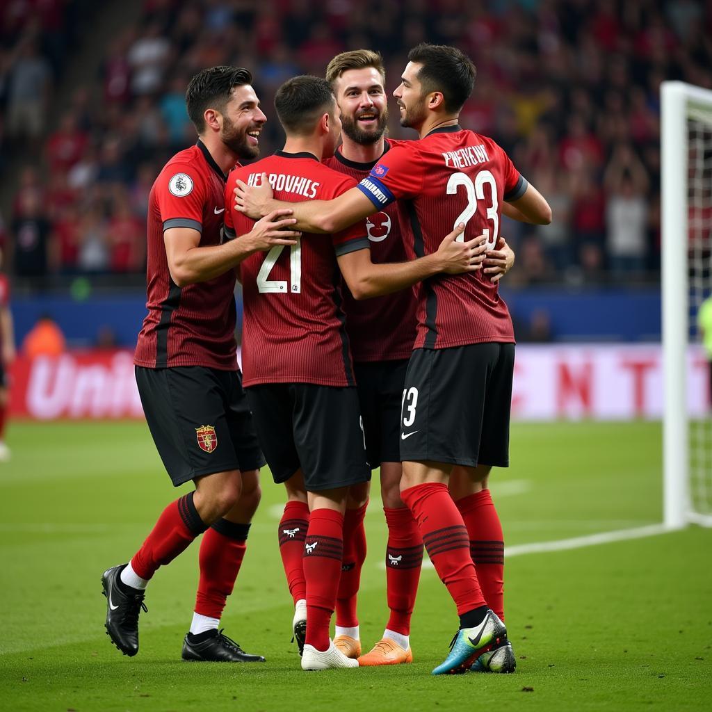 Maximilian Philipp joyfully celebrating a goal with his teammates, arms raised in victory.