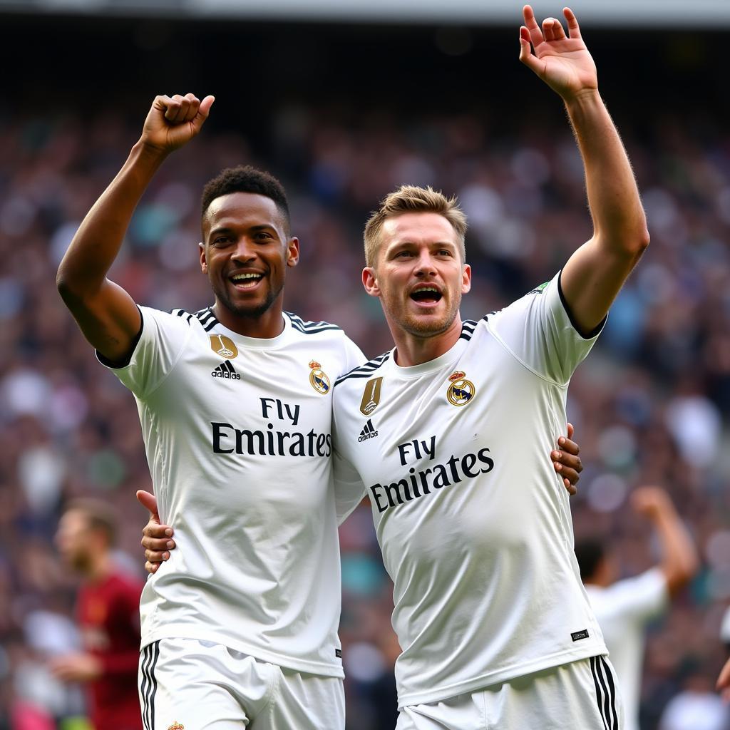 Mbappe and Haaland celebrating a goal together in a Real Madrid kit