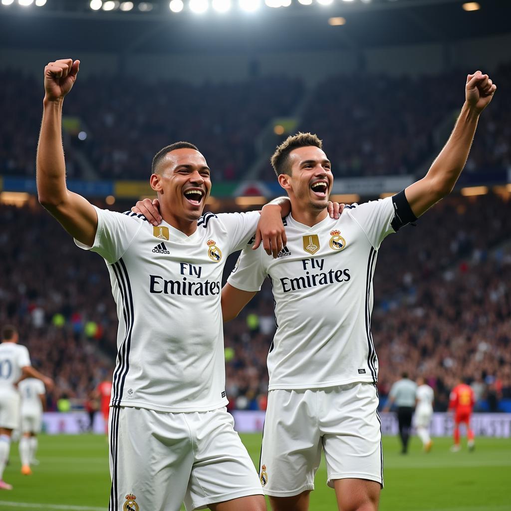 Mbappé and Haaland Celebrating a Goal in Real Madrid Jerseys