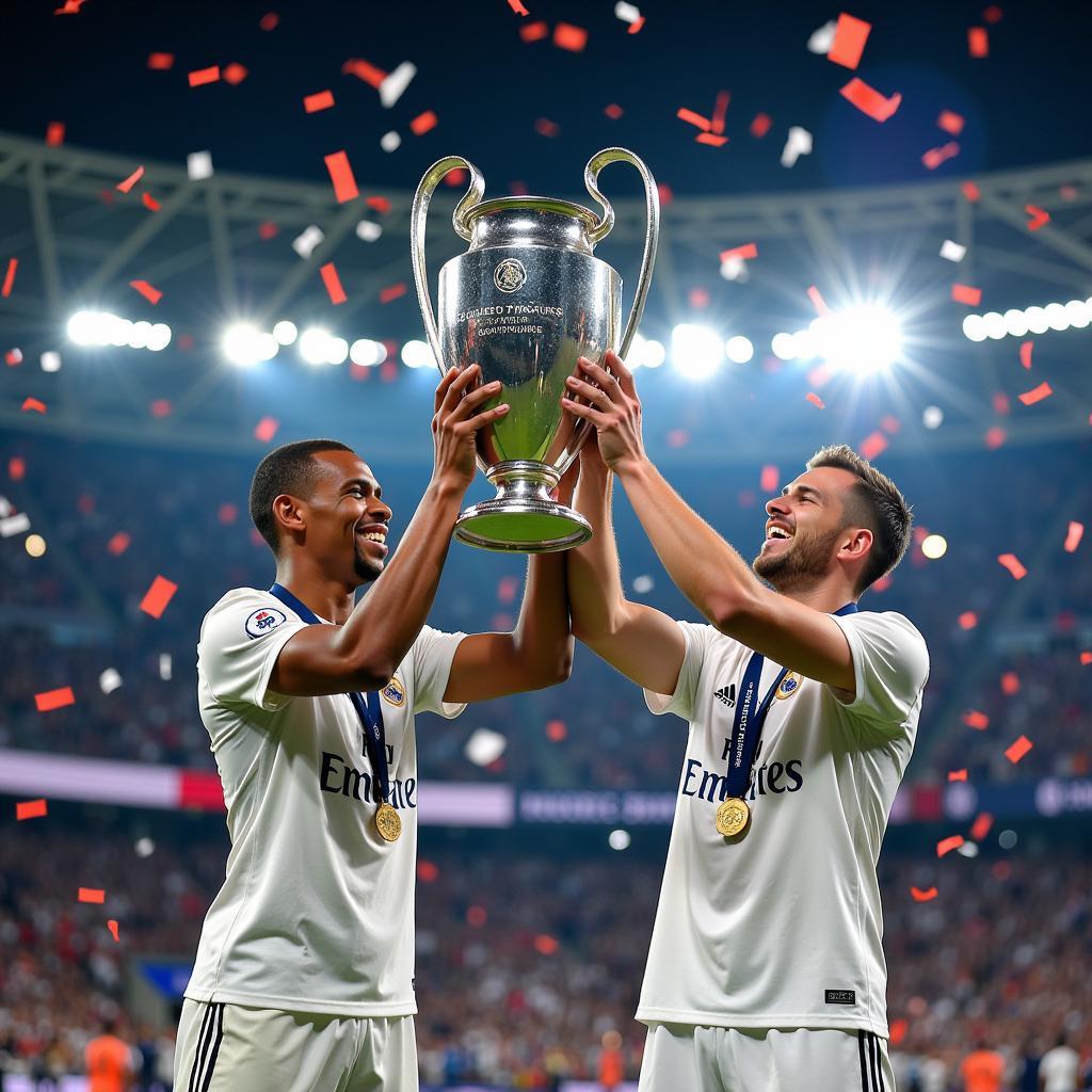 Mbappe and Haaland lifting the Champions League trophy with Real Madrid